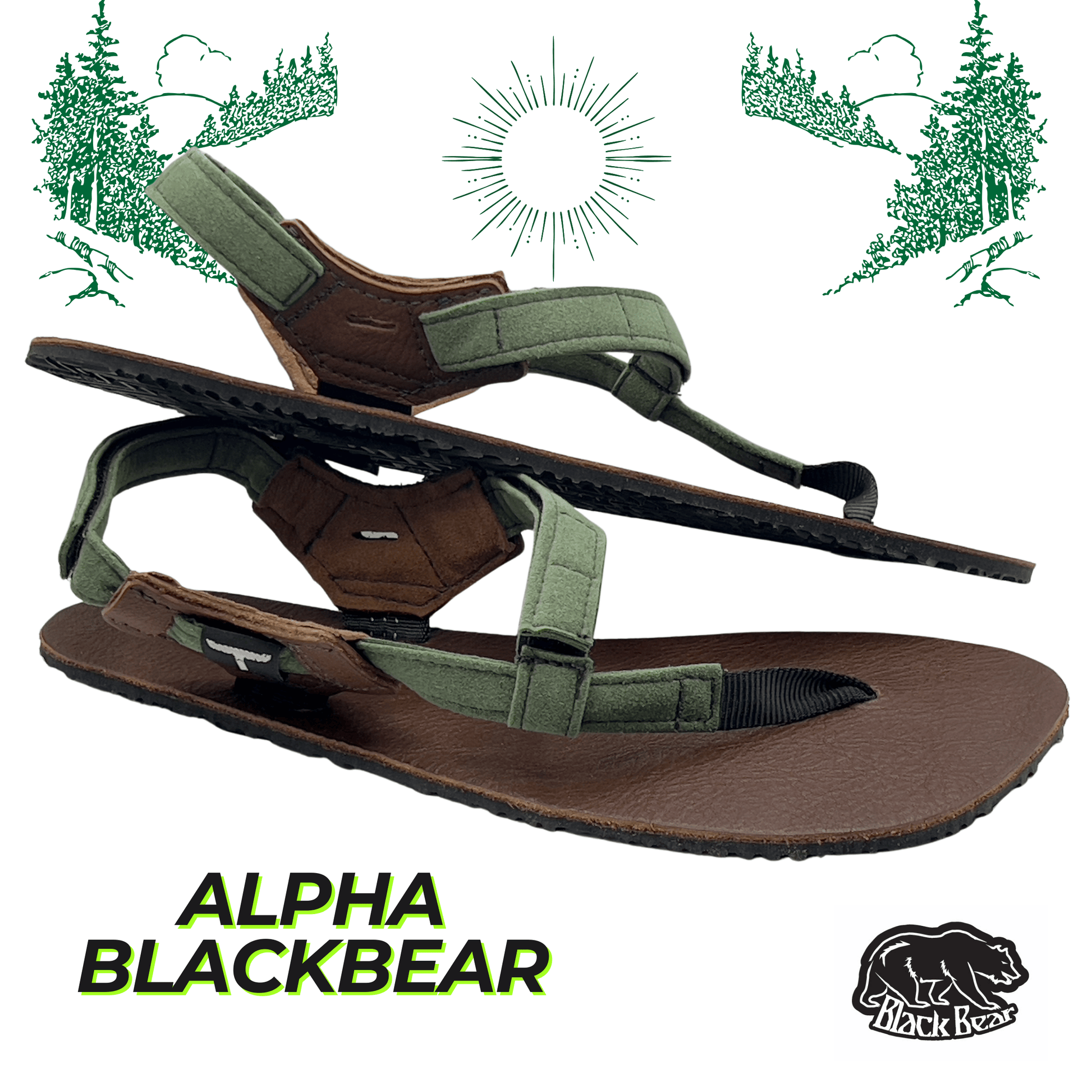 ALPHA Leather BlackBear - 5mm Green - Toetem Sandals